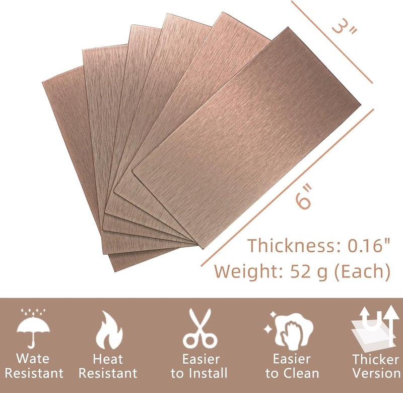 Crystiles Aluminum Peel and Stick Backsplash Panels - 3"x6" Brushed Copper Kitchen Wall Decor, 40-Piece - Image 2